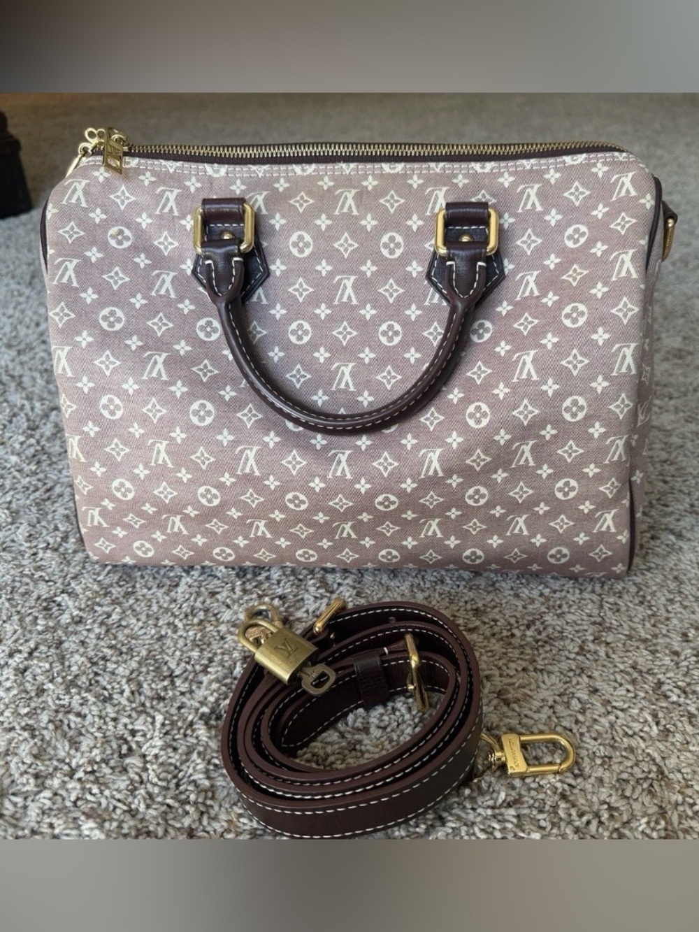 Louis Vuitton Speedy Bandouliere 30 Denim Red with strap, lock, and key